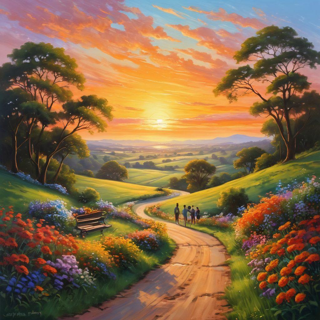 A mesmerizing landscape featuring a winding road leading to a sunset-soaked horizon, with silhouettes of diverse couples engaging in lively conversations and enjoying thrilling adventures. Surround them with lush greenery and blooming flowers, symbolizing joy and contentment. Include subtle hints of adult experiences, like a romantic picnic and laughter-filled moments. ethereal atmosphere. vibrant colors. painting.