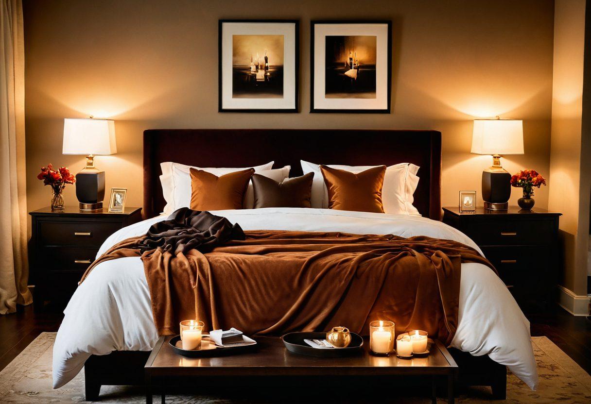 An elegant bedroom setting with soft candlelight and plush bedding, featuring blurred silhouettes of a couple sharing an intimate moment. The atmosphere is warm and inviting, adorned with soft textures and rich colors, inviting a sense of romance and passion. Subtle elements reflecting mature themes, like tasteful art on the walls and an open book on the nightstand, contribute to the overall vibe of sensuality and joy. super-realistic. warm tones. soft focus.