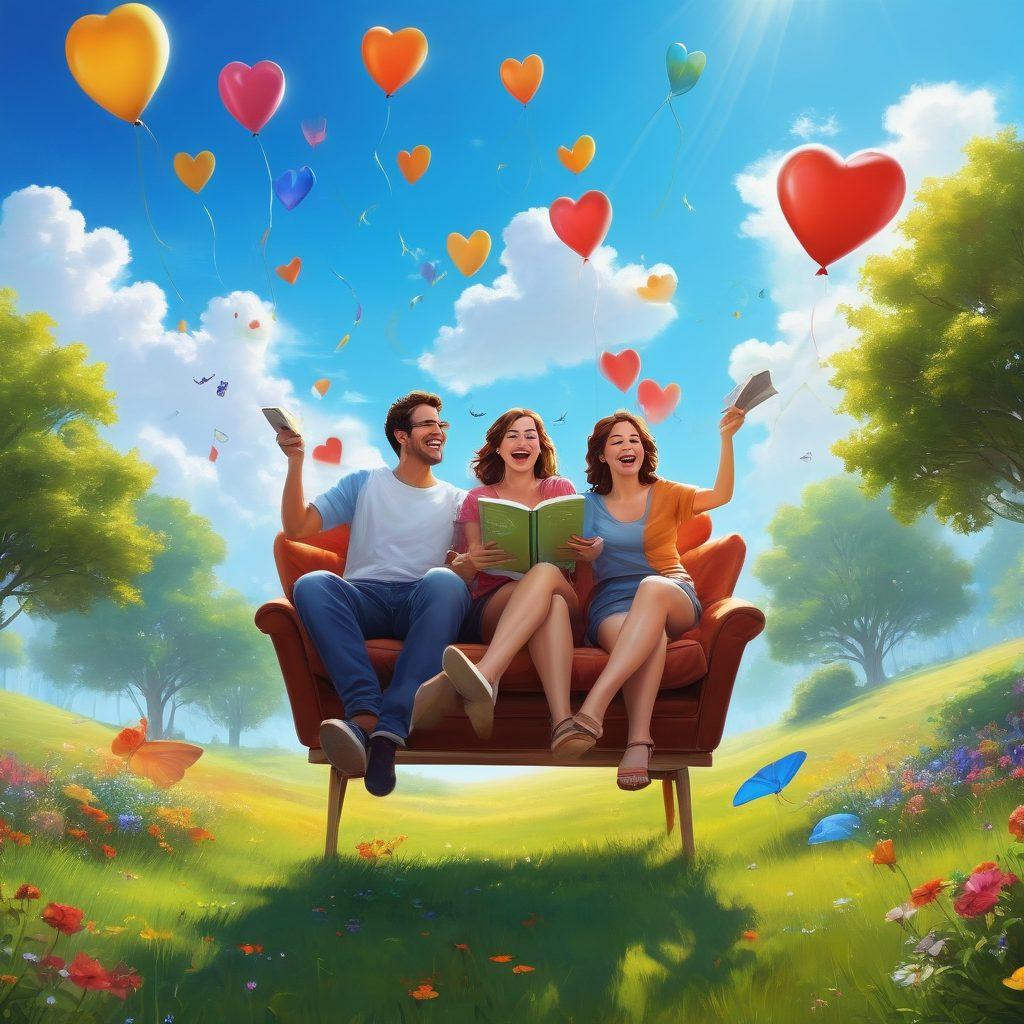 A whimsical scene depicting diverse adults joyfully engaging in various media activities, such as reading, watching films, and playing games. The setting should be lush and colorful, featuring a clear blue sky and vibrant nature elements, symbolizing freedom and exploration. Include playful elements like floating musical notes or dancing figures to convey a sense of exhilaration and pleasure. The atmosphere should feel light-hearted and inviting, evoking a feeling of contentment and joy. super-realistic. vibrant colors. bright background.